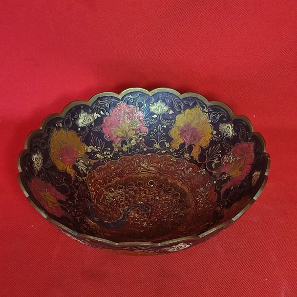 Vintage Solid Brass Enameled Footed Hand Painted Peacock Trinket Dish - Picture 9 of 11